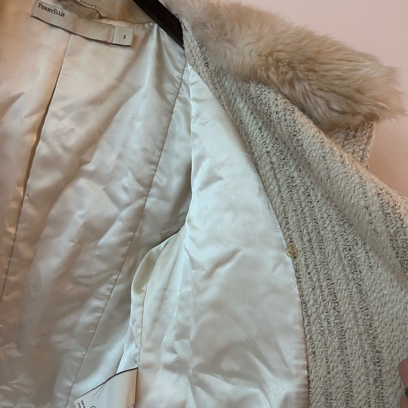 vintage perry ellis tan gray full length wool blend coat fur hood collar - Picture 9 of 13